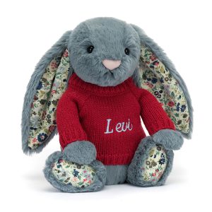 Blossom Dusky Blue Bunny with Personalised Red Jumper